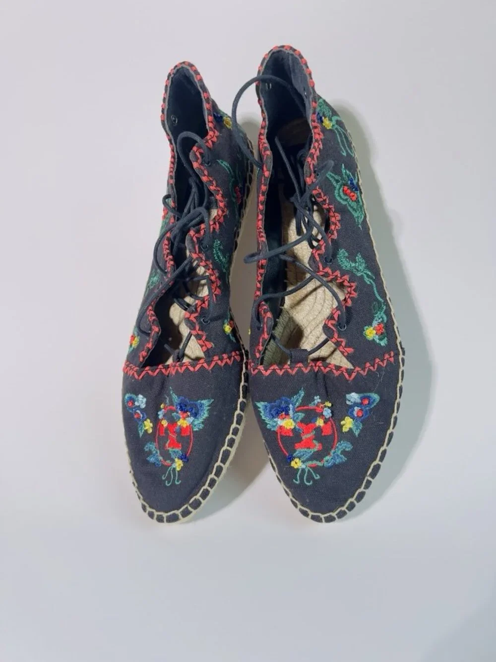 Tory Burch Fleming Embroidered Lace-Up Espadrilles Canvas Floral Size 8